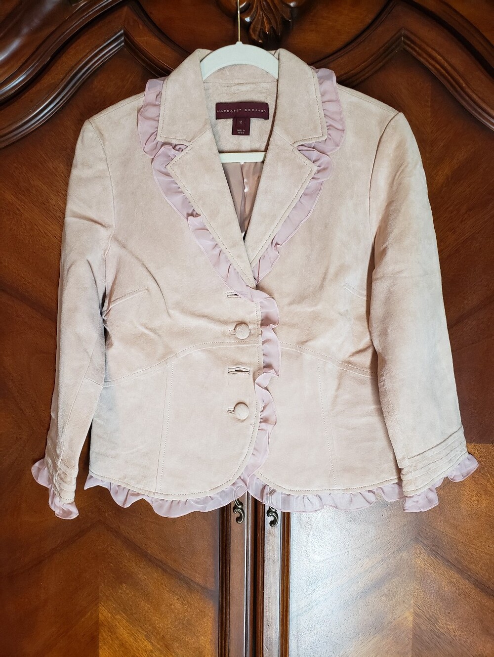 Margaret Godfrey Vintage Pink Suede  Leather Ruffle Trim Blazer Jacket Sz 12
